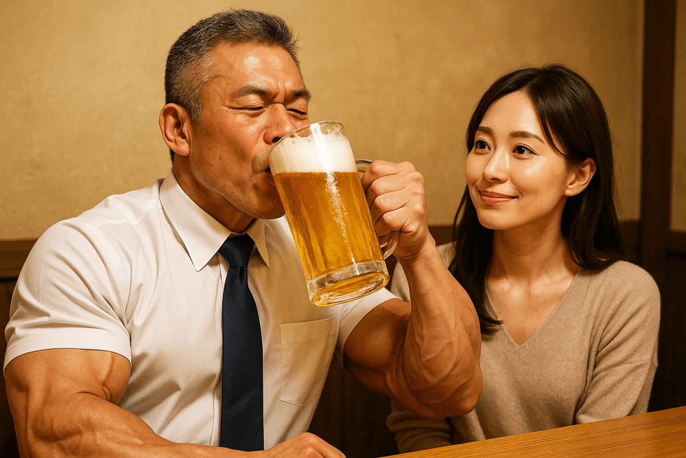 生ビールを豪快に飲む夫を見つめる妻