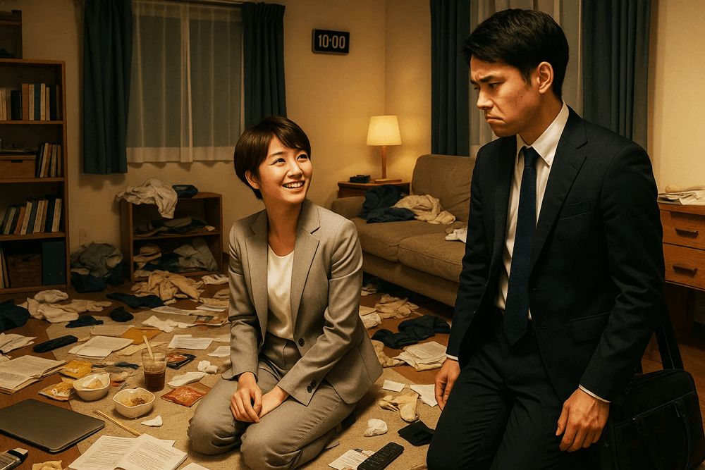 散らかっている部屋で寛ぐ女性