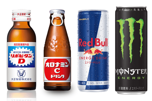 リポビタンD、オロナミンC、レッドブル、モンスターエナジーの4商品の画像