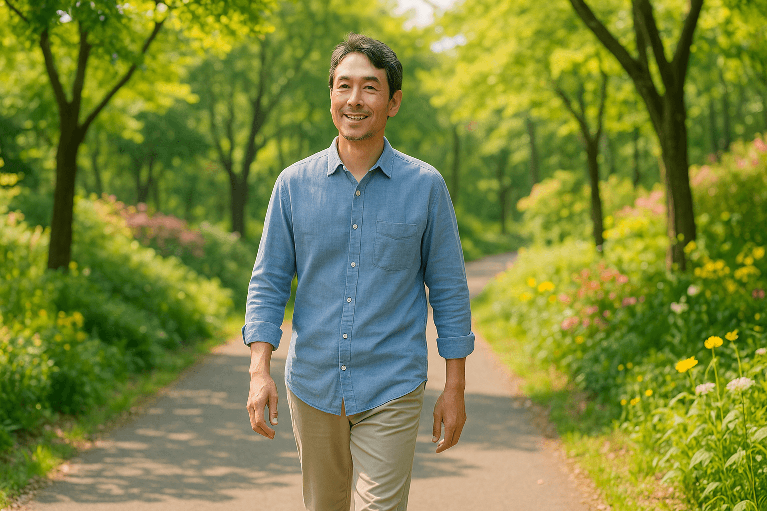 自然の中を散歩している男性